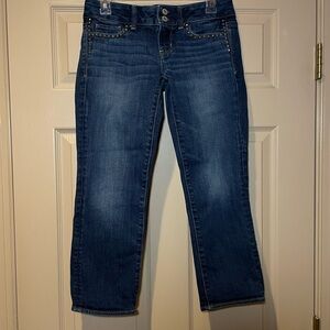 American Eagle Outfitters Stretch Artist Blue Cropped Studded Jeans, Size 4 Reg.